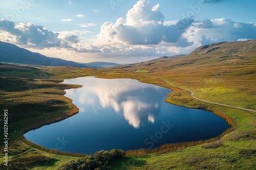 Calm blue lake reflecting fluffy clouds, nestled among green rolling hills with a winding shoreline path and distant mountains, a peaceful expansive highland landscape