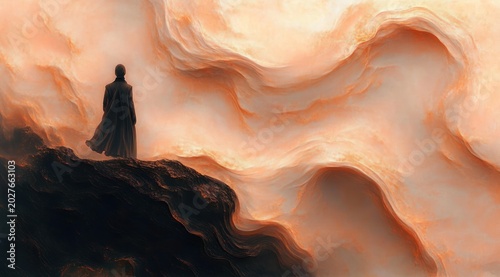 a lone cloaked figure stands on a jagged dark cliff overlooking vast swirling orange clouds, evoking solitude and wonder