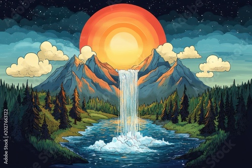 giant glowing sun behind rugged mountains with a cascading waterfall flowing into a tranquil lake surrounded by pine forest under a starry sky, evoking serene wonder