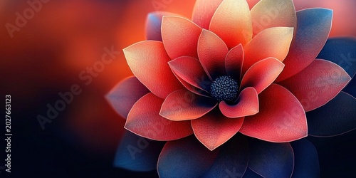 close-up stylized red and blue layered flower with textured petals and dark beaded center against a warm glowing background, elegant serene mood
