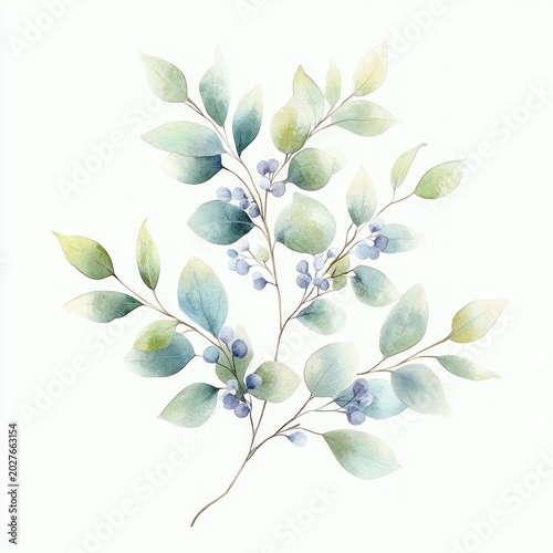 delicate watercolor branch with soft green and blue leaves and small blue berries on white background, serene and airy