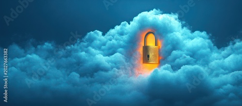 Glowing golden padlock floating in soft blue clouds, warm orange light and serene mist conveying protection and security
