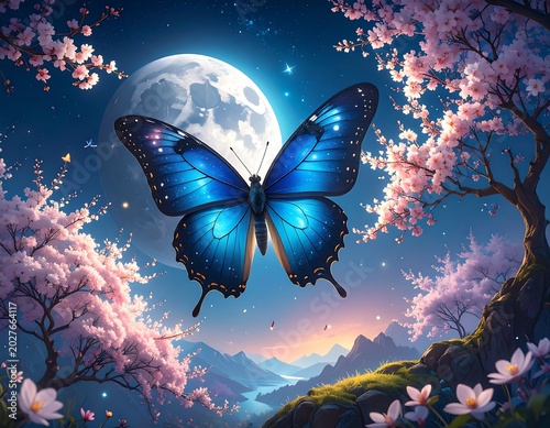 A radiant blue butterfly floats against a moonlit sky amidst blooming cherry blossoms, mountainous landscape