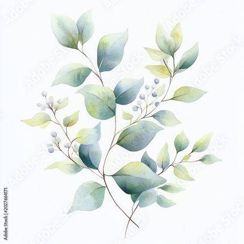 delicate watercolor eucalyptus branches with blue-green leaves and small pale berries, serene and calming botanical illustration