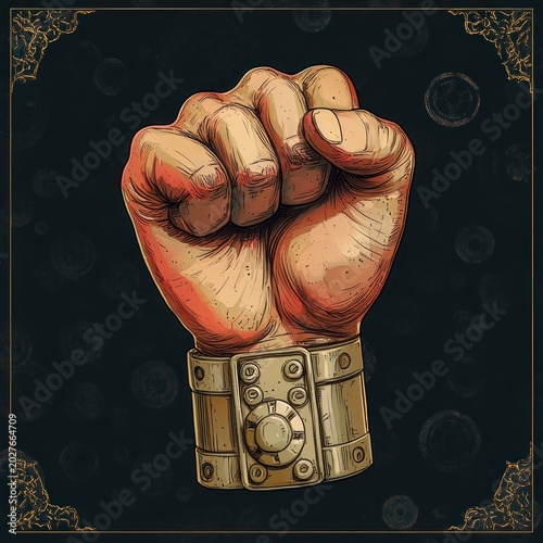 raised clenched fist wearing a heavy metal cuff with mechanical lock on a dark vintage decorative background, defiant and empowered