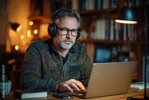 Person wearing headphones focused and relaxed typing on a laptop at a cozy home desk with bookshelves, warm lamp light, notebook, smartphone and potted plant