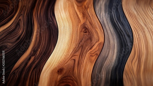 Wavy wooden panels with contrasting grain patterns in warm brown, amber and black tones, smooth flowing curves evoking calm natural warmth
