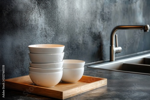 Stack of white ceramic bowls on a wooden tray beside a stainless steel sink and faucet on a dark textured countertop, minimalist and calm kitchen still life