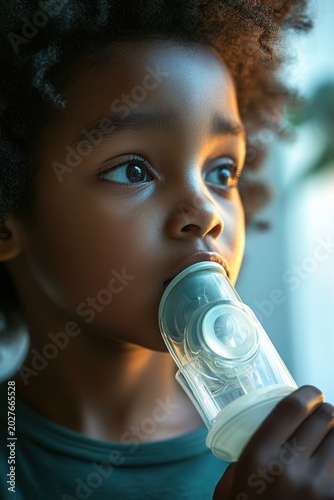 person with curly hair holding a handheld nebulizer mask to their mouth, calm and contemplative in soft window light