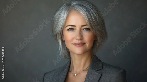 Professional portrait of a silver-haired woman in a grey blazer and pendant necklace, poised and composed against a neutral studio backdrop