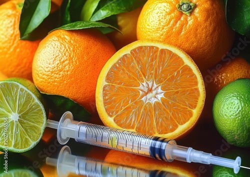 halved orange and whole citrus fruits with green lime and leaves beside a medical syringe on a reflective surface, evoking clinical tension and experimental intrigue