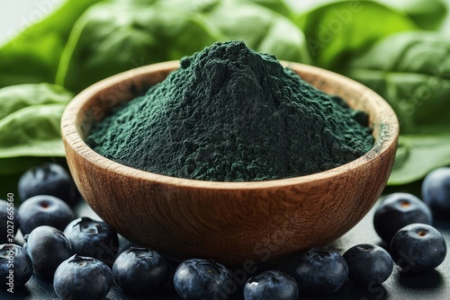 Wooden bowl of dark green powder surrounded by fresh blueberries and spinach leaves conveying vibrant healthy freshness and natural wellness