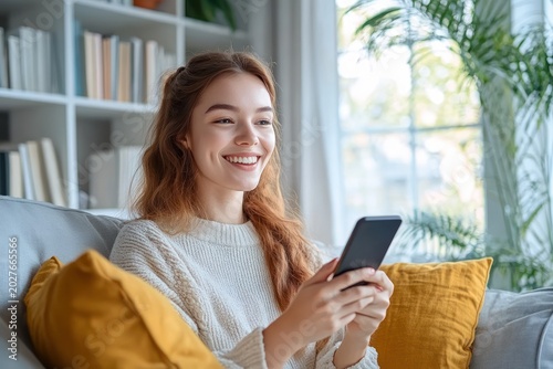 Relaxed young woman sitting on a couch holding a smartphone in a cozy sunlit living room with yellow pillows, bookshelf and indoor plant