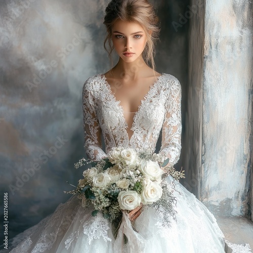 bride in long-sleeve lace ball gown holding a white rose bouquet by a textured wall, soft natural light, serene romantic mood
