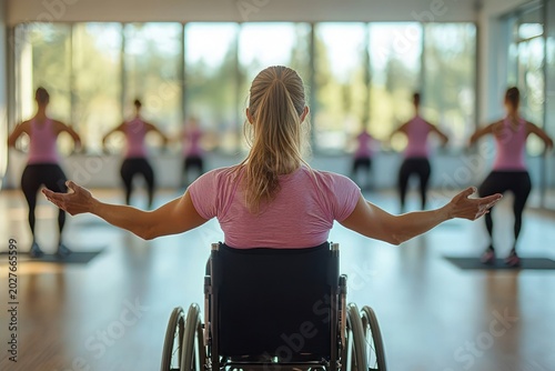 Woman in wheelchair leading inclusive group fitness class in bright studio with women in pink tops, arms outstretched, sunlit windows and an empowering joyful atmosphere