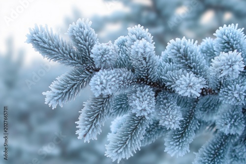 frost-covered evergreen branch with delicate icy needles, serene winter close-up