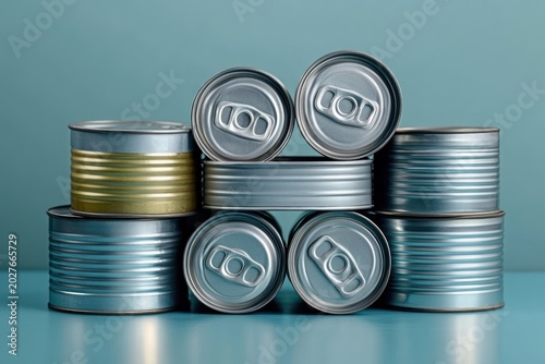 stack of shiny metal food cans arranged in a neat pyramid on a teal surface conveying calm and order
