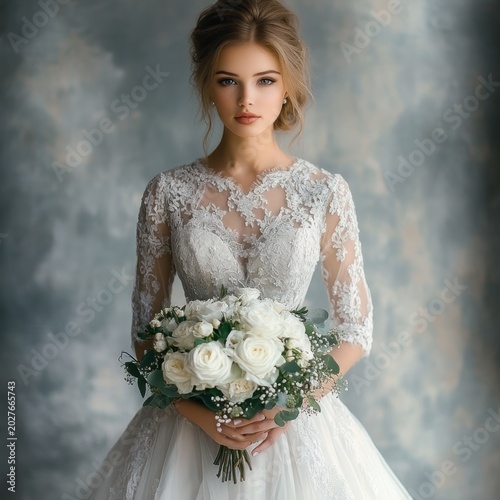 bride in long-sleeve lace wedding gown holding a white rose and greenery bouquet, serene elegant bridal portrait