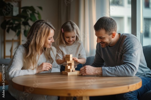 Parents and young child building a wooden block tower on a round table in a cozy living room, focused and joyful family playtime by the window