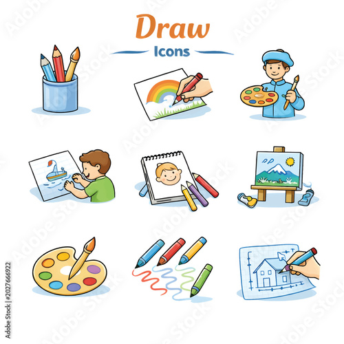 Draw Icons Collection in Modern Line Art Vector Style