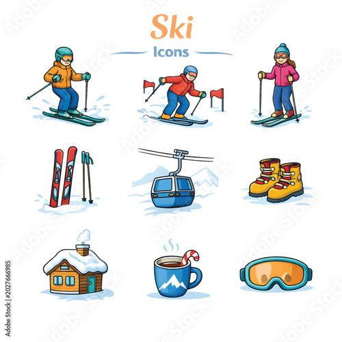 Ski Icons Collection in Line Art Style Vector Set