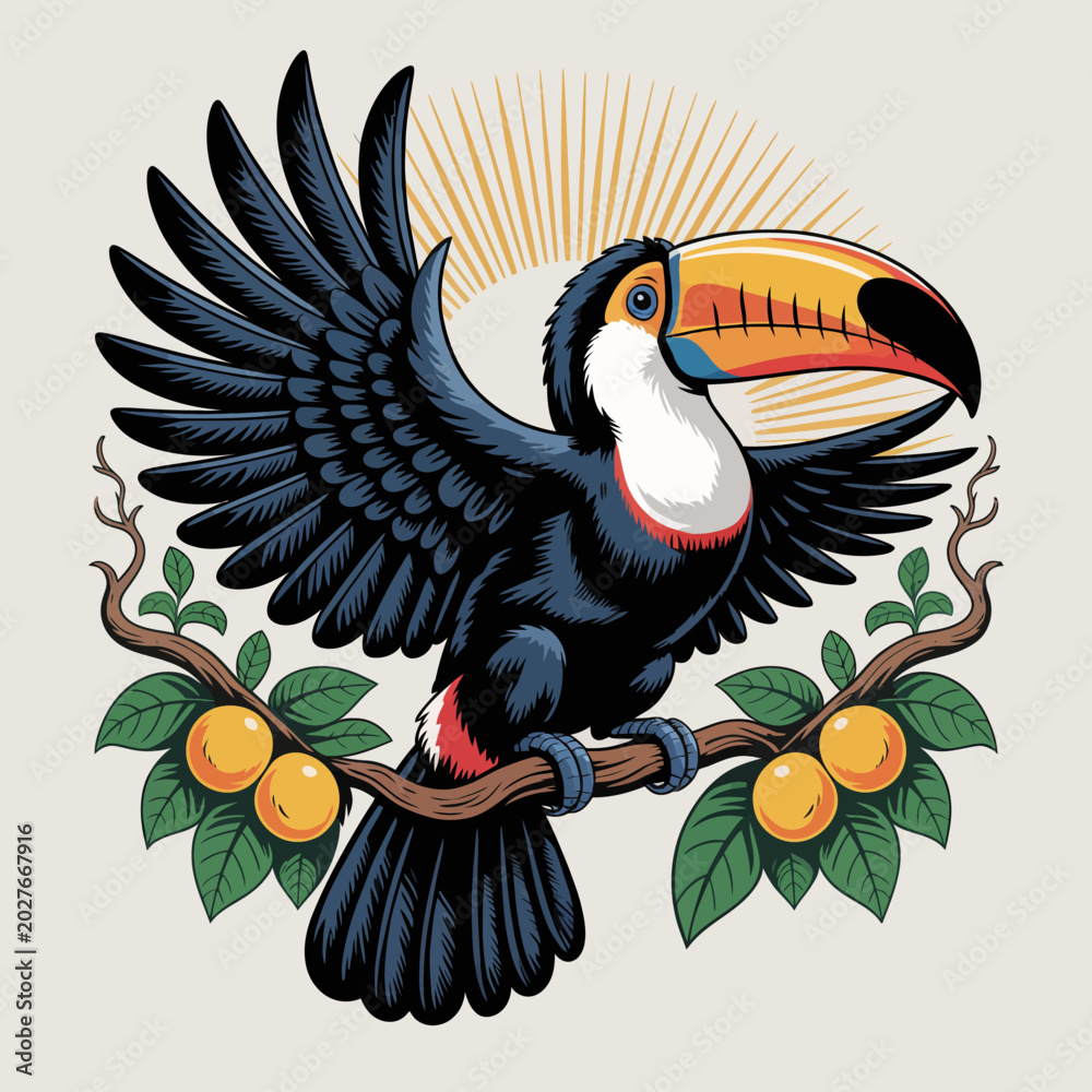 Fototapeta premium Colorful Toucan Perched on Branch.