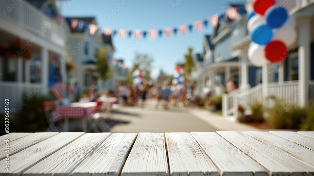 Obraz premium Empty white wood table with blurred Independence Day celebration background for product placement, Rustic white table foreground with patriotic red white and blue street party, Americana street