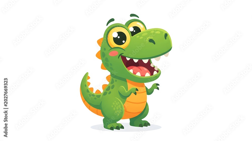 Fototapeta premium Cartoon Green Dinosaur Smiling with Big Head in White Background