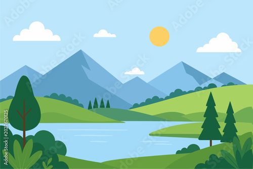 Beautiful flat vector nature landscape illustration featuring majestic mountains, a calm blue lake, pine trees, and a bright sunny sky. Perfect for background, travel, and outdoor designs.