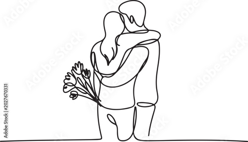 Foto Continuous one line drawing of a young romantic couple hugging and embracing eac