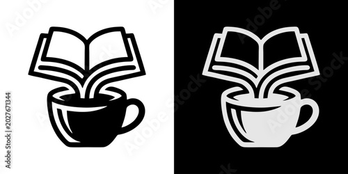 Fotografia Clean line art icon of an open book transforming into a coffee cup, embodying th