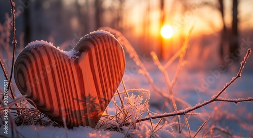 Wooden heart winter snow sunset