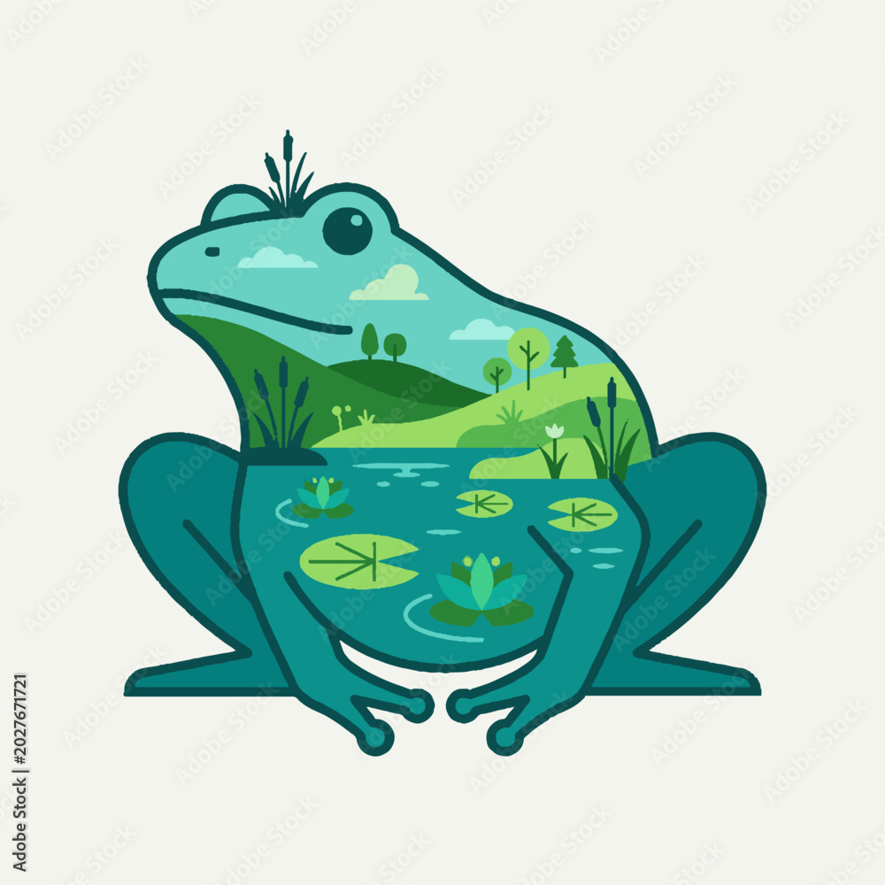 Fototapeta premium Creative stylized frog illustration featuring a pond ecosystem inside its body.