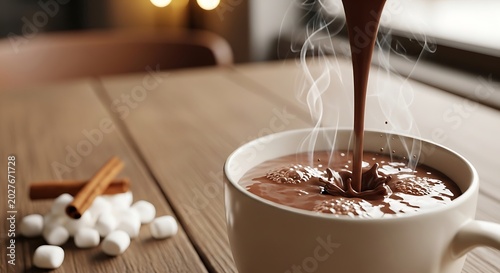 Hot chocolate pouring into mug with marshmallows