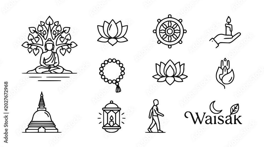 Fototapeta premium Buddhist Icons Collection: Buddha, Lotus, Dharma Wheel, Stupa, Candle, Prayer Beads, Wesak