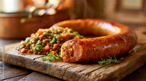 Steaming saucisse de montbeliard meat with lentils on a rustic board