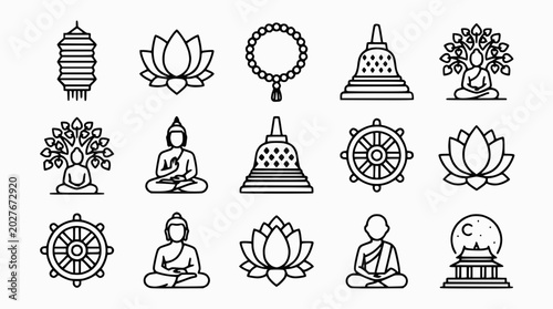 Foto Buddhist Icons: Buddha, Lotus, Dharma Wheel, Stupa, Lantern, Prayer Beads