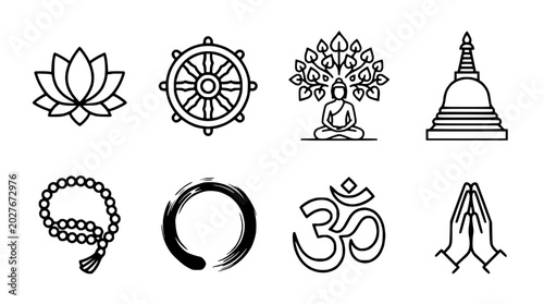 Tableau sur toile Buddhist Icons Set: Lotus, Dharma Wheel, Buddha, Stupa, Mala, Zen, Om, Prayer Ha