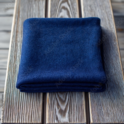 Dark blue wool blanket folded on a weathered wooden garden bench