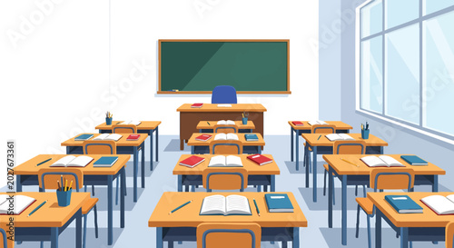 Empty Classroom with Desks, Chairs, and Chalkboard Ready for Students.