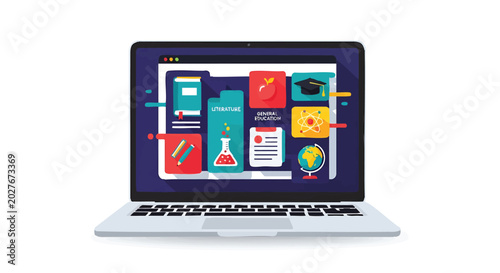 Online Education Platform on Laptop Screen with Learning Icons.