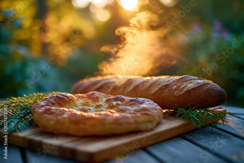 Warm navajo frybread and german baguette steaming in golden hour light