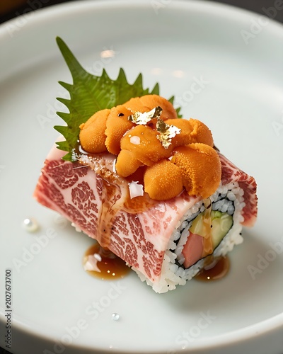Premium Wagyu and Hokkaido Uni Maki roll with gold leaf garnish