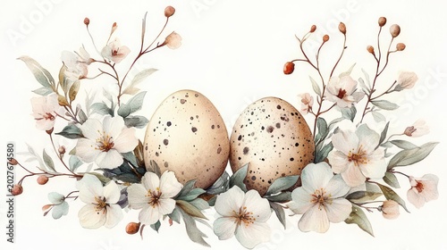 two speckled eggs nestled among white spring blossoms, green leaves and delicate buds in a peaceful gentle watercolor botanical arrangement