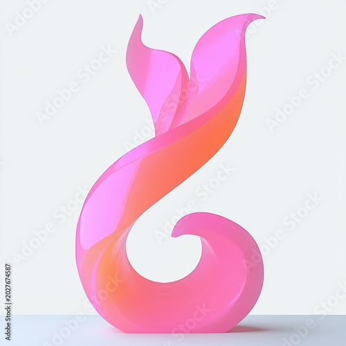 glossy pink and orange twisted ribbon-like sculpture on white studio surface, flowing elegant playful whimsical