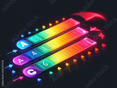 three glowing rainbow slider bars with circular letter buttons, colorful triangular markers and a curved red arrow on a dark futuristic surface conveying vibrant energetic motion