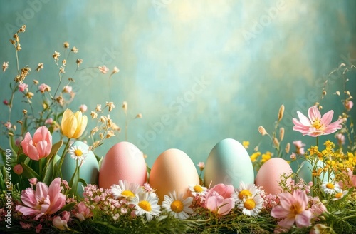 pastel eggs nestled in a grassy nest with daisies, tulips and wildflowers, soft light evoking gentle springtime joy