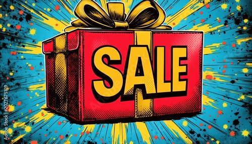 bright pop art red gift box with large yellow ribbon and bold sale lettering exploding with blue and yellow rays, colorful splatters and an energetic celebratory vibe