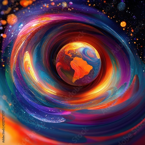 Glowing colorful cosmic vortex swirling around a radiant Earth globe showing warm-toned continents, evoking motion, wonder and awe
