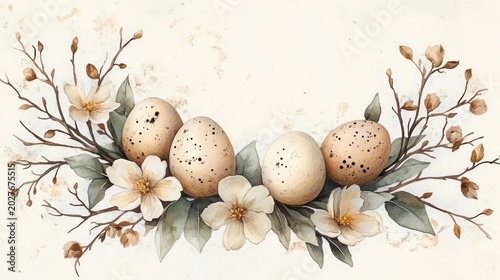 five speckled eggs nestled among cream blossoms, green leaves and brown twigs on a soft rustic background, serene and delicate